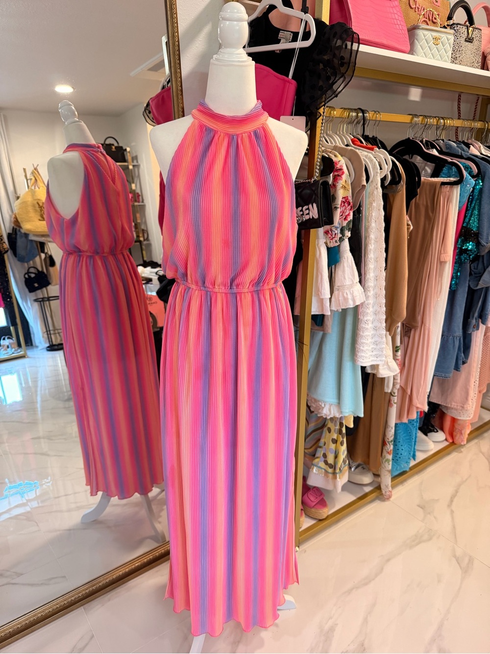 TCEC Pink Multi-Stripe Halter Maxi Dress